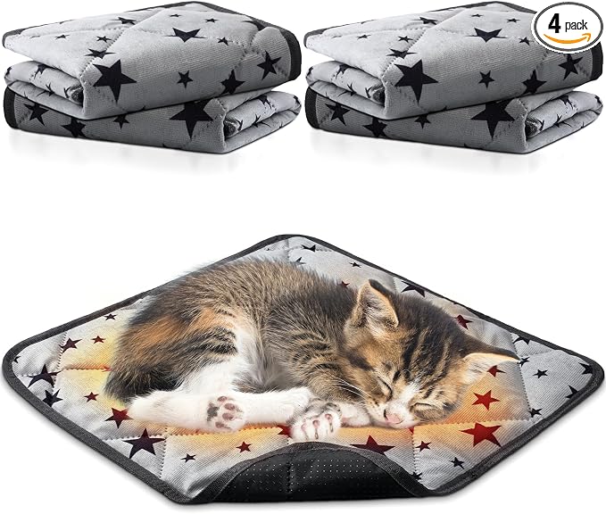 4 Pack Self Warming Cat Bed Self Heating Cat Mat Star Pattern Soft Dog Crate Pad Thermal Pet Mat Anti Slip Kennel Dog Washable Warming Bed for Outdoor Indoor(12 x 12 Inch,Gray)