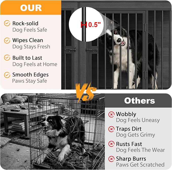 EasyCom 78" Wooden Double Dog Crate with Divider & Raised Legs, Gray | Raised Legs, For 1–2 Small to Large Dogs, Multiuse TV, Plant & Display Stand