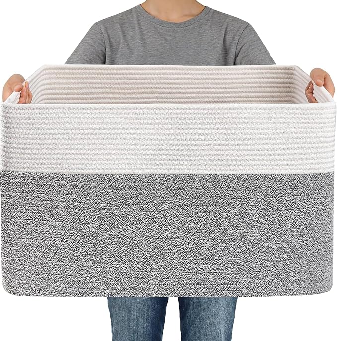 JMvicyroam 96L Large Woven Cotton Rope Blanket Basket, White&Grey | Blanket storage for living room or bedroom use, Freestanding with reinforced handles, Entire basket is machine washable