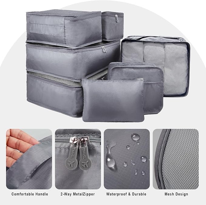 Vercord 7 Set Travel Packing Organizers Cubes Luggage Suitcase Organizer Bags Clothes Underwear Cube Shoe Pouch Pack Grey