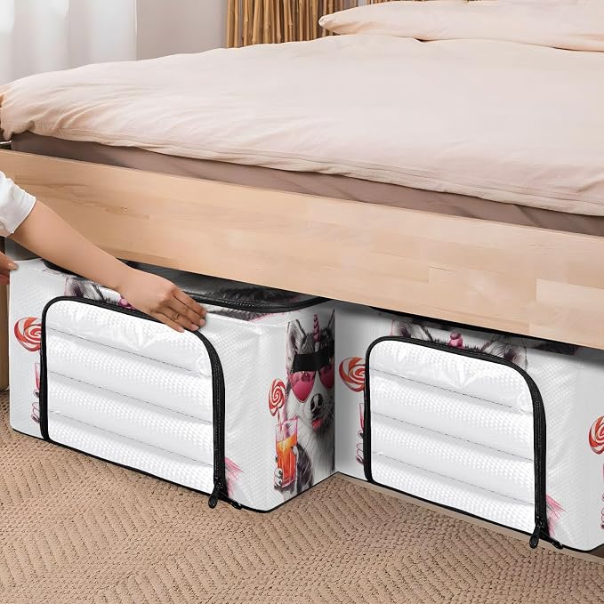 Foldable Storage Bin Dog with Glass Of Juice Sturdy Under Bed Storage Container with Clear Window and Handle