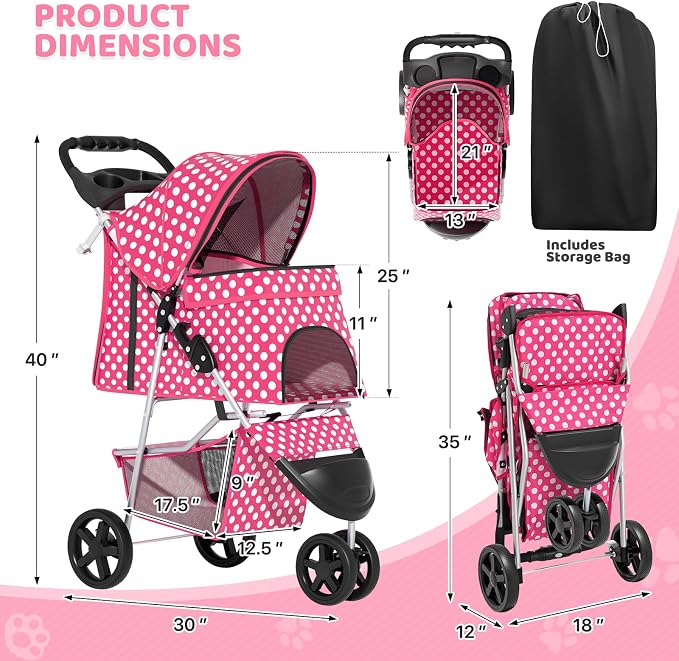Magshion 3-Wheel Pet Stroller for Small/Medium Dogs & Cats, Up to 33lbs | Foldable Travel Jogger w/ Breathable Mesh Cover, Lightweight Design, Safety Tethers, Cup Holder & Storage Basket
