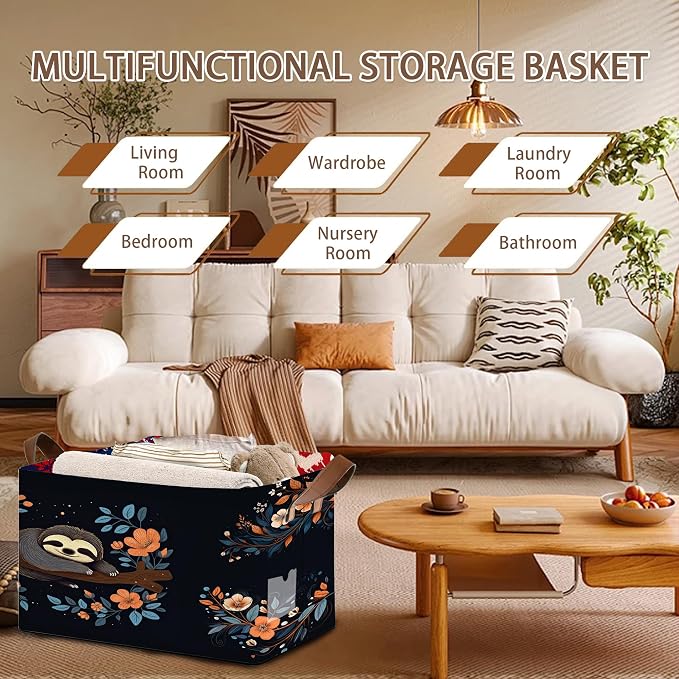Sloth Flower Pattern Collapsible Box - 17x11.5x10.5 Inch Foldable Storage for Home Decor, Kids Room,Nursery, Closet - Space-Saving Single Pack