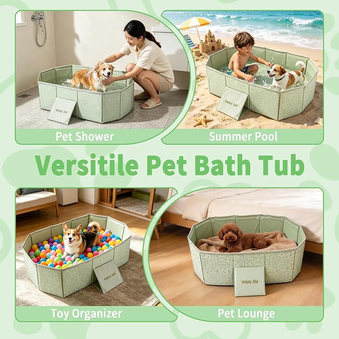 YUEPET Foldable Dog Bathtub for Small-Medium Dogs, Portable Dog Tub, Green | Pet Bathtub and Dog Bath Tub, Drain Plug, Non-Slip PVC Bottom, Folds Flat for Storage, Puppy Pool Use, Small and Medium Dogs