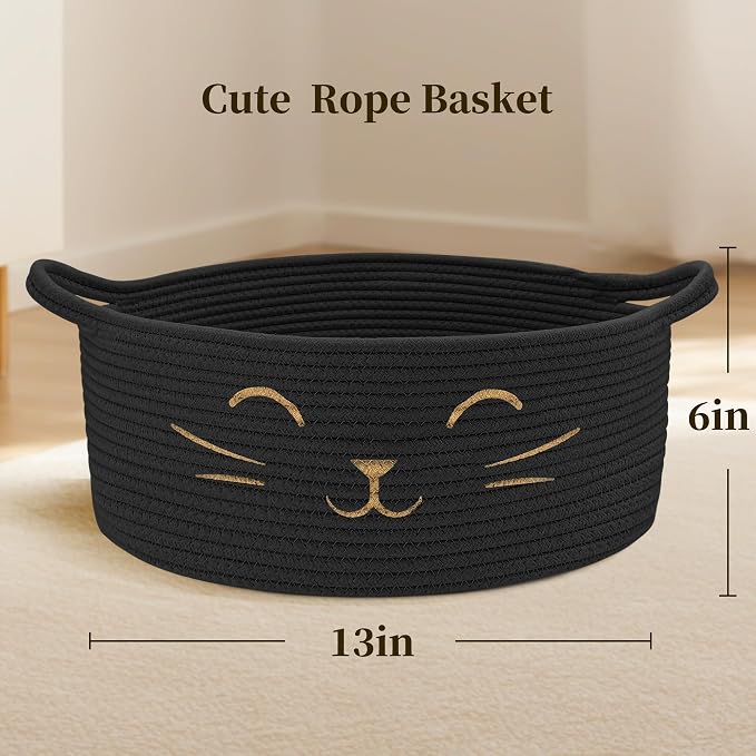Large Cat Toy Basket, Gift Baskets Empty for Baby Shower,13" x 6" | Boo basket Cute Woven Rope Storage Basket for Home Decor, Baby Baskets for Nursery, Cat Pet toy box, Black