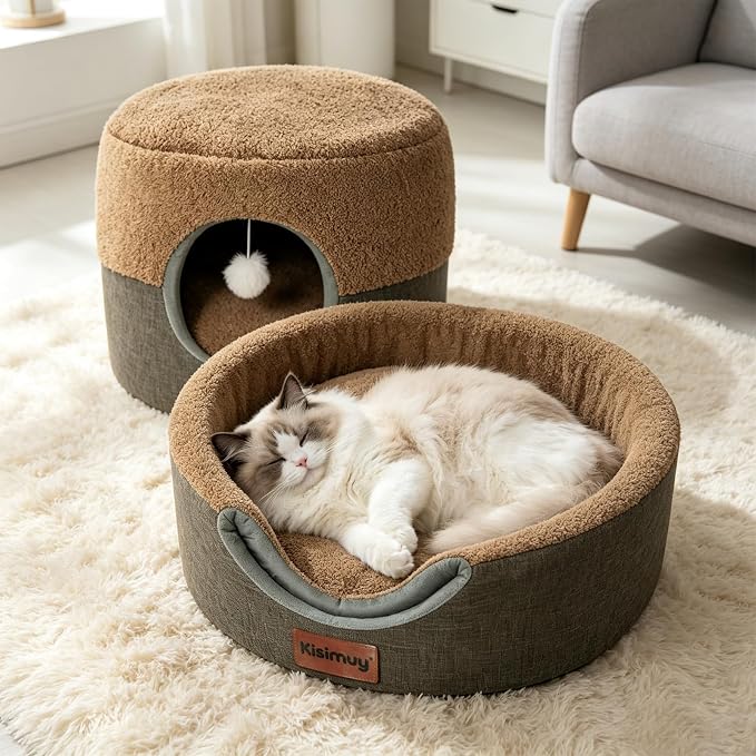 2-in-1 Cat Bed Cave, Cozy Covered Cat Beds for Indoor Cats,Pet Bed | 19.7"D x 15"H, Cave To Bed In Seconds, Pet Hideaway for Kittens & Small Dogs, Hanging Cat Toys, Machine Washable Puppy Bed