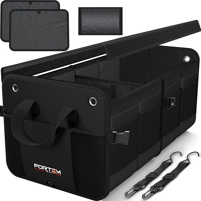FORTEM Trunk Organizer - Collapsible Car Organizer & Storage Bag for SUVs | Car Accessories for Men & Women, Cooler Bag, Non Slip Bottom, Straps, Soft Cover, 1680D Oxford, 3 Compartments, Black, 50L
