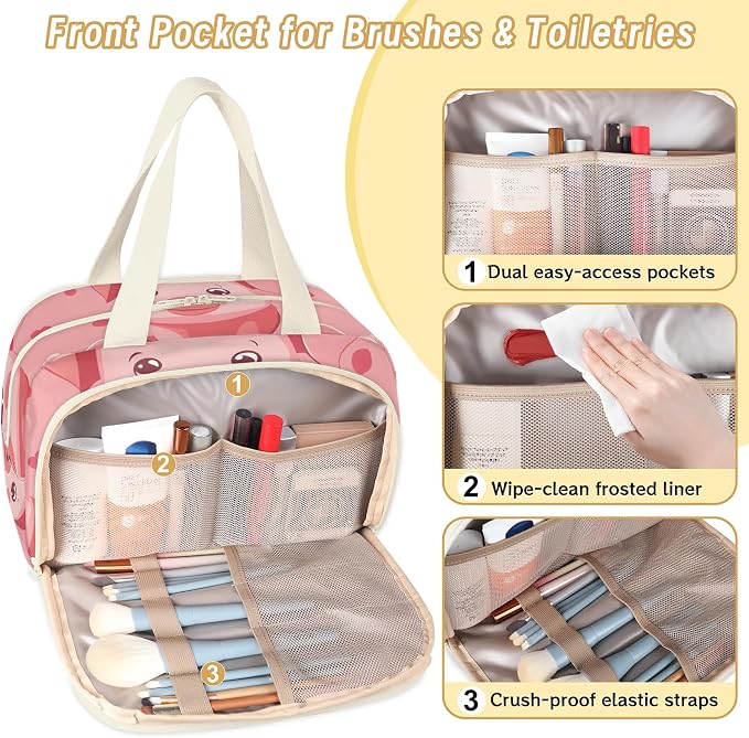 Pig Kawaii Travel Toiletry Bag with Handle | Wet & Dry Separation, Full-Size Bottle Friendly, Leak-Proof, Waterproof, Easy to Clean, for Travel, Gym, Home