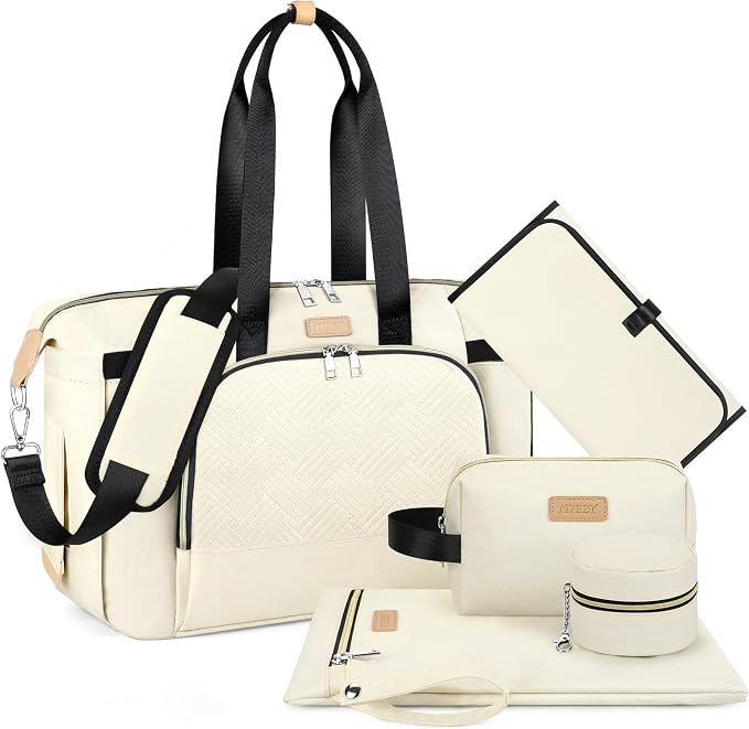 Diaper Bag Tote for Baby 7PCS, Large Mommy Bag with Portable Changing Pad | Multifunctional Hospital Bags for Labor and Delivery with Pacifier Case and Organizer Pouches,Travel Baby Bag for Boy Girl