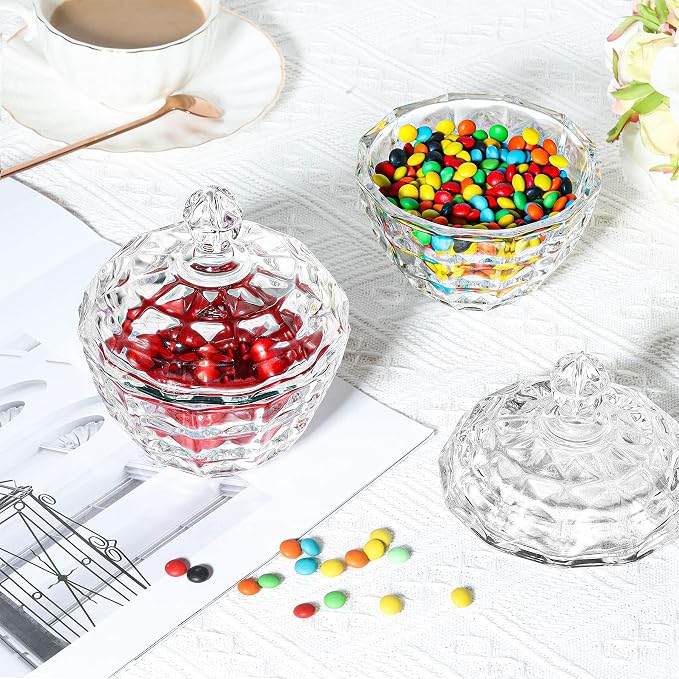 ComSaf 9oz Glass Candy Dish with Lid 2 Pack Small Jar Decorative Covered | Covered Candy Storage, Coffee Table Office Desk, Bathroom Vanity Decor, Countertop Display, Wedding Favors, Living Room Decor