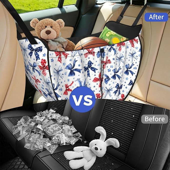 Patriotic Bow Star Car Seat Organizer Backseat Storage Bag, Large Waterproof Vehicle Organizer With Adjustable Straps For Gear Essentials, Fits Most Cars