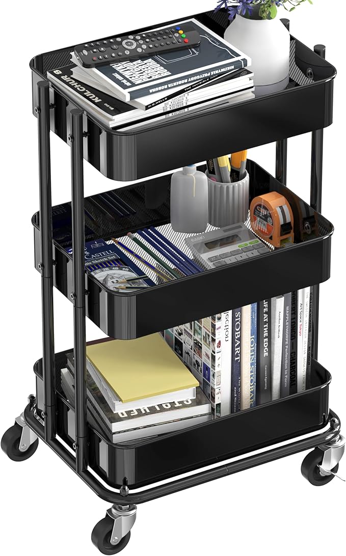 Simple Houseware 3-Tier Utility Cart, Low 24" Height Fits Under Desk, Black | Compact & Lower Height Great for Under-Desk Space-Saving Storage for Home Office, Dining Room, or Kitchen