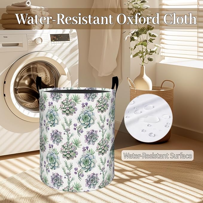 Succulent Laundry Basket, Botanical Floral Foldable Oxford Cloth, Waterproof Dirty Clothes Hamper with Handles, Clothing Storage Bin Toy Organizer for Bedroom Dorm Bathroom, 19.7"x15.7"