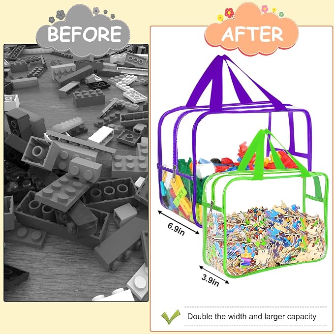 6 Colors Large Toy Storage Bags with Labels, Reusable Clear PVC Board Game Storage, Travel Waterproof Organizer Bags with Zipper for Building Blocks, Puzzle, Kids Books(3 large & 3 Widen X-Large)