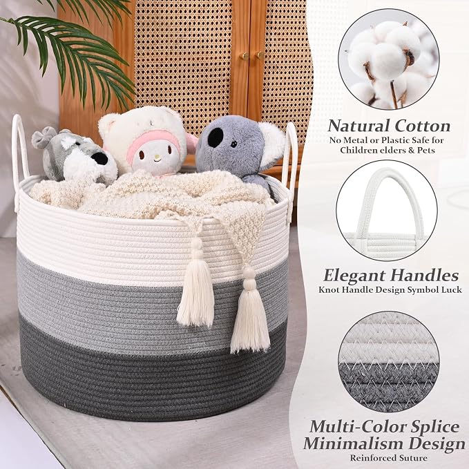67L Large Woven Blanket Basket, Cotton Rope Baby Laundry Hamper with Handles, Kids Toy Basket for Classroom & Nursery, Soft Round Stuffed Animal Storage, Dog Toy Bin - 20"x13", Gray