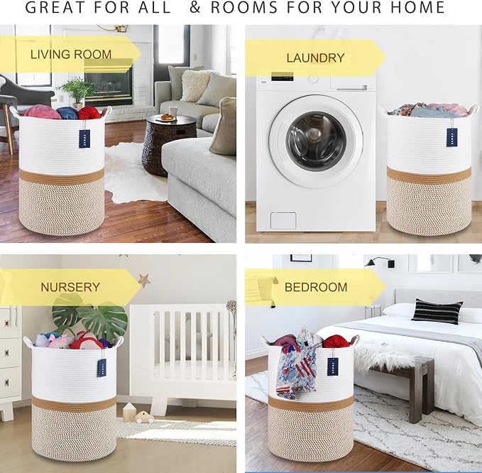 COMSE Tall Woven Blanket & Laundry Basket, 72L, Blend White & Camel | 15.7”x 21.7”, Cotton Rope, Large Nursery Hamper for Storage of Toys Clothes Towels, Great for Living Rooms Bedrooms Bathrooms