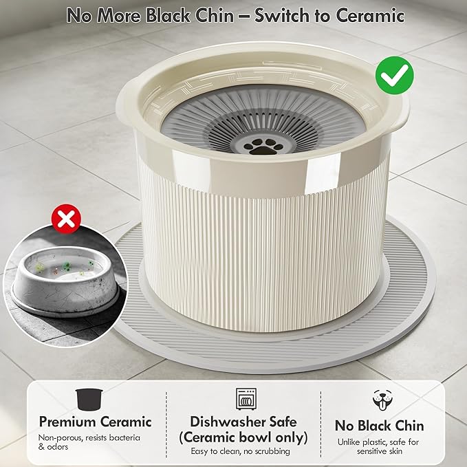 No Spill Ceramic Dog Water Bowl, Large Capacity Slow Drinking Bowl with Floating Disk & Filter, Heavy Duty Anti-Slip Bowl for Small to Medium Dogs, Cats & Multi-Pet Homes Indoor Outdoor