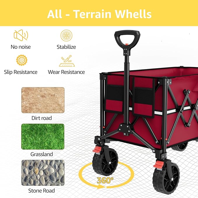 ROSONG Collapsible Wagon Cart with Wheels Foldable - Folding Utility Heavy Duty Wagons Carts for Grocery Sports Garden Shopping Camping Wheelbarrows (Burgundy, 150L)
