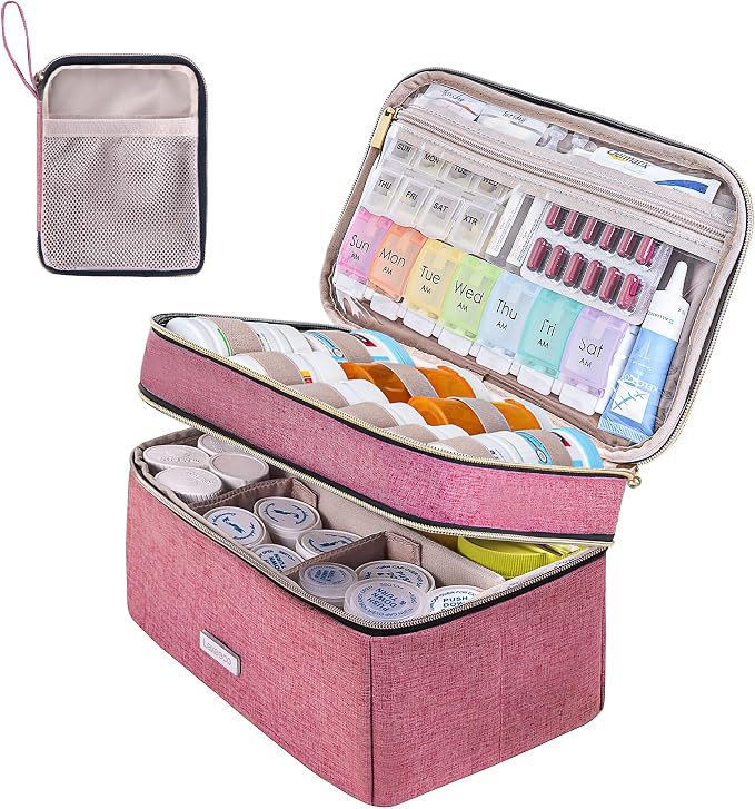 Lexeeco Travel Medicine Pill Bottle Organizer Bag with Portable Small Pouch | Medication Case with Lockable Zipper for Pill,Vitamin,Medicine Storage Box for College Dorm Student,Home,First Aid Bag Empty