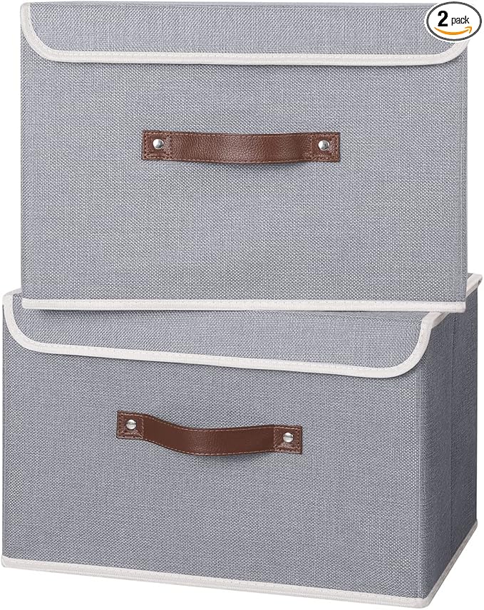ANMINY Fabric Storage Box Bins with Lids, Gray, 15"x10"x10", 2 Pack | Keepsake Memory Storage, Cotton Linen, PP Board Reinforced, Washable, PU Handles, Foldable & Stackable, Decorative, Large