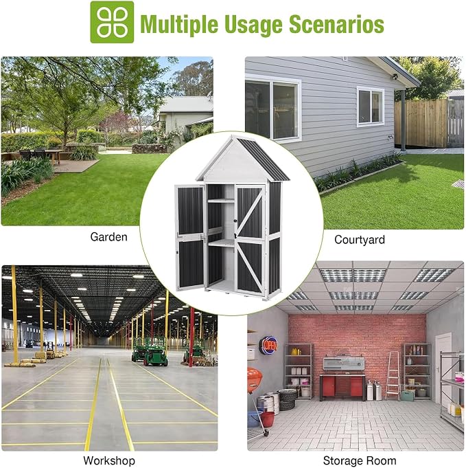 GUTINNEEN Outdoor Storage Shed with All Around Strong Metal Frame, Wooden Tool House with Floor & Adjustable Shelves, Garden Tool Sheds Cabinet for Backyard Garden Patio Lawn 67.1" H (Black＆White)