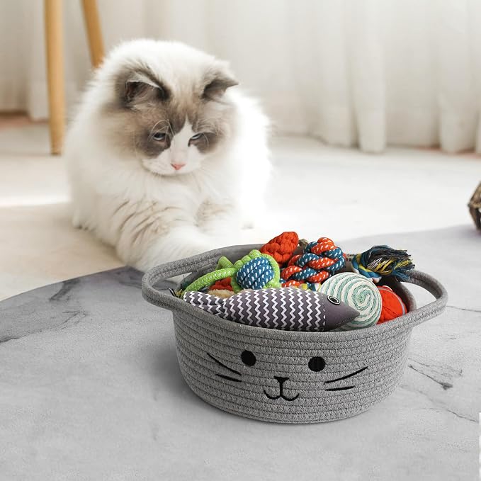 Small Cat Toy Basket, 10”x10”x4” Gray Cotton Rope Storage Bin with Handles, Woven Cat Organizer Box for Indoor Pets, Cute Kitty Easter Basket Gifts Empty, Living Room Nursery Decor