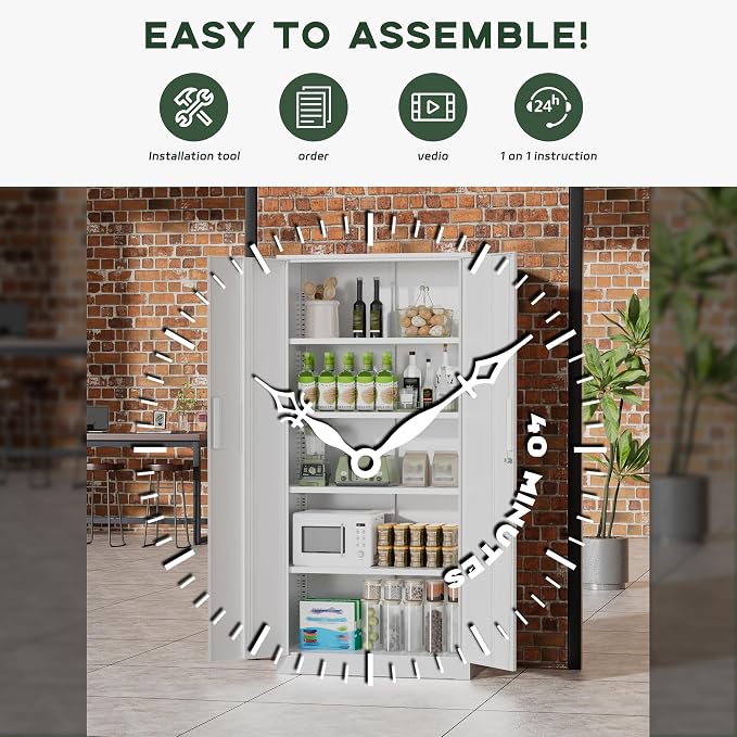 Greenvelly White Metal Storage Cabinet for Garage, 72” Steel Locking Cabinet with Doors and 4 Shelves, Tall Tool Cabinets for Garage Storage Systems Lockable File Cabinet for Home Office, Classroom