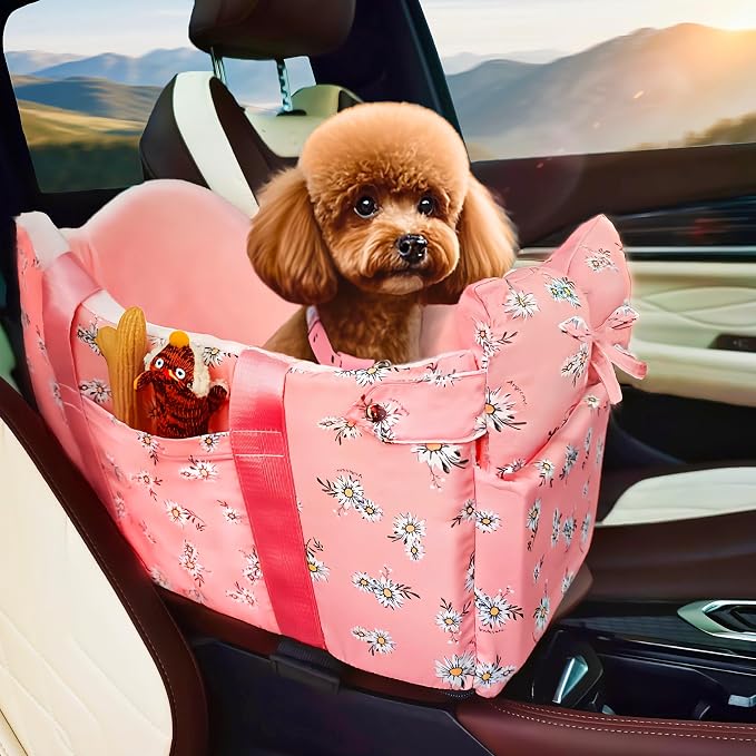 Console Dog Car Seat for Small Dogs Up to 11 Lbs, Pink Daisy | Portable Armrest Booster With Soft Cushion Safety Belt