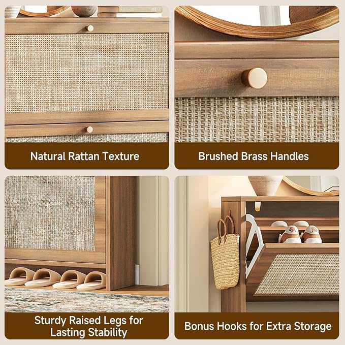 Shoe Cabinet Storage for Entryway, 4-Flip Drawer Narrow Shoe Rack with Adjustable Shelves, Boho Modern Square Rattan Shoe Organizer, Slim Wood Storage Cabinets for Small Spaces Fits Size 13.5