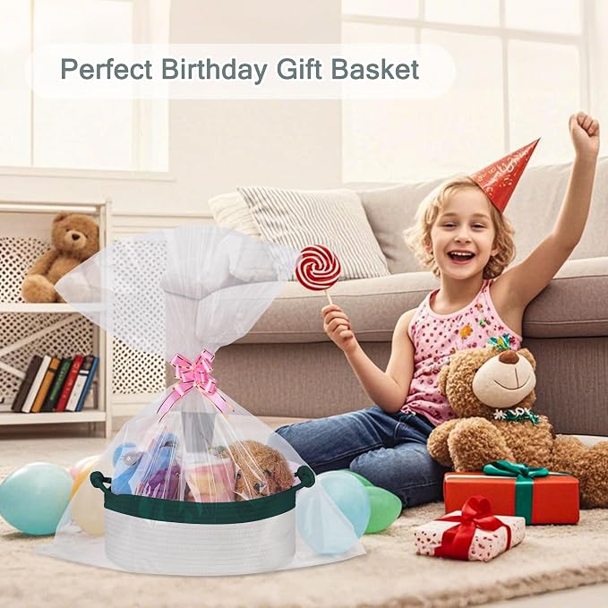 COMSE Small Gift Basket Empty with Bag & Ribbons, Dark Green & White | Cotton Rope, 12"x 8"x 5", Pet Toy Storage Organizer, Woven Basket for Birthdays, Baby Showers, Mother’s Day, Valentine’s Day