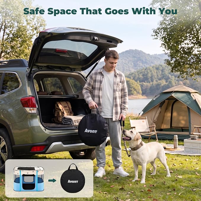 Avont Portable Pet Puppy Dog Playpen, Foldable Cat Playpen, Indoor/Outdoor | Water-Resistant Breathable Shade Cover, Travel Camping Use for Small Animals with Carrying Case, (L/Blue)