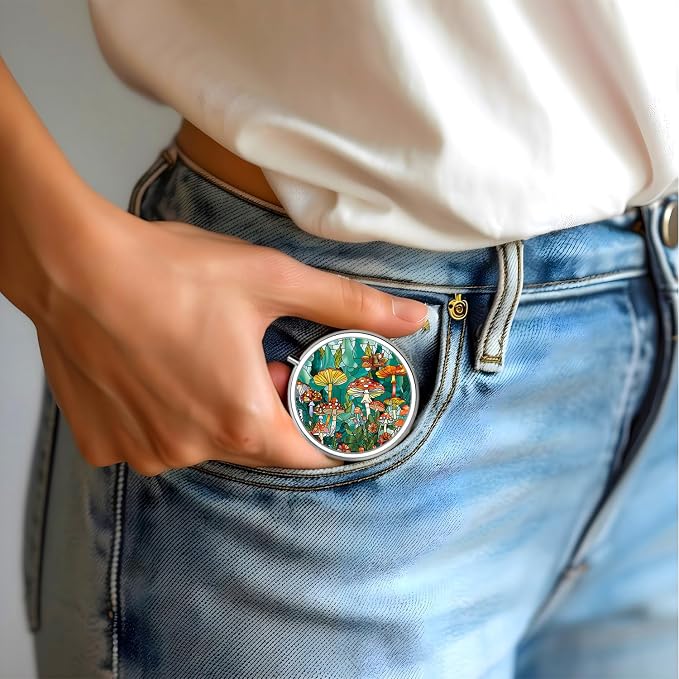 Pill Box-3 Compartment Small Pill Case for Purse & Pocket Mini Metal Pill Holder Travel Pill Container to Hold Supplements Vitamins BPA-Free (Mushroom Forest)