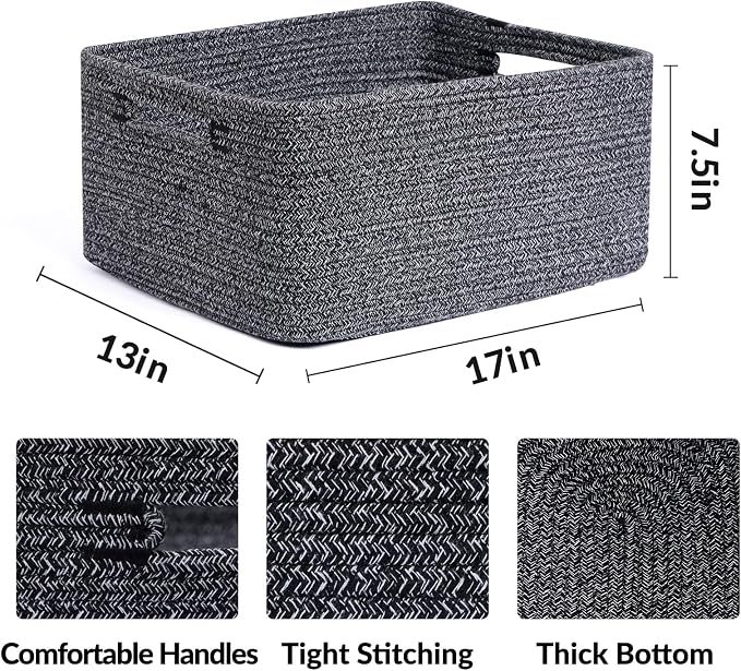 MiniArk Large Storage Baskets for Shelves, 17 x 13 x 7.5” Closet Organizers Bins for Clothes Blanket Towels, Baby Nursery, Toy Baskets Box, Woven Rope Baskets, 3 Packs Dark Gray
