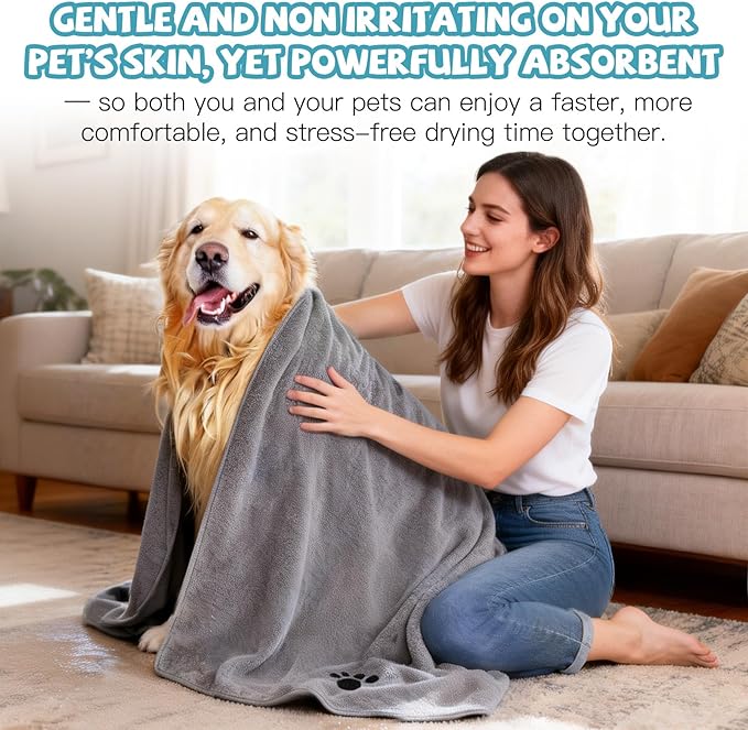 Puomue 2 Pack Microfiber Dog Towels for Drying Dogs, Super Absorbent and Soft Pet Towels for Dogs or Cats, 40''X23.6'', Pet-Friendly, Perfect for Pets of Different Sizes and Fur Types, Grey