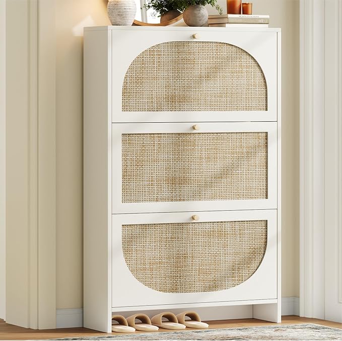 Shoe Cabinet Storage for Entryway Slim 9.5" Freestanding Floor Base Shoe Storage Cabinet, 3 Flip Drawers with 3-Position Adjustable Divider, Holds 16-36Pairs, Bright White