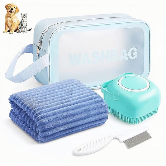 4PCS Dog Bath Kit & Dog Brush Kit - Professional Pet Grooming Tools Set for Dogs & Cats, Includes Shedding Brush, Bath Scrubber & Dematting Combs - Complete Dog Washing Essentials Blue