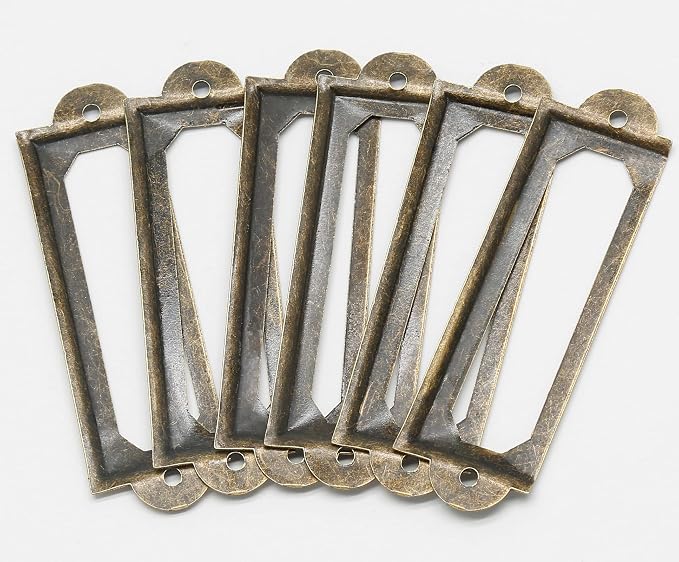 50 PCS Metal Label Holders 60x17mm Antique Bronze with Screws | Iron Bronze-Plated Rust-Proof, 60x17mm Fits 44x10mm Label, Screws Included, For Cabinet Drawer File Box