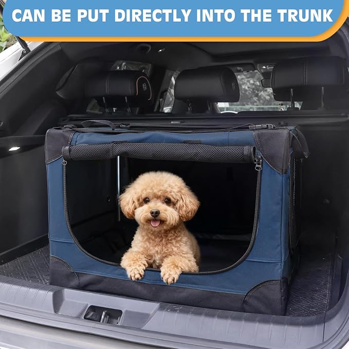 24 inch Small Dog Crate - for Small Dogs, Portable Travel Pet Crate with 4 Mesh Doors, Foldable Car Kennel for Puppy with Handle for Indoor and Outdoor, Bule