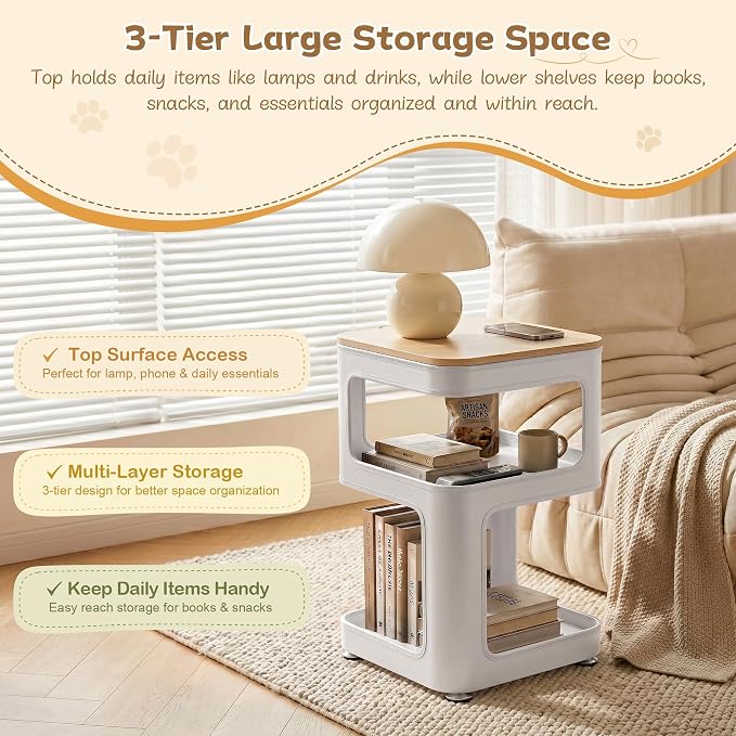 EUREKA ERGONOMIC Side Table Cat Beds, Square End Table with Cat House, Metal Nightstand with 3 Tier Storage, Modern Side Table End Beside Table for Living Room Bedroom Indoor, Easy Assembly, White