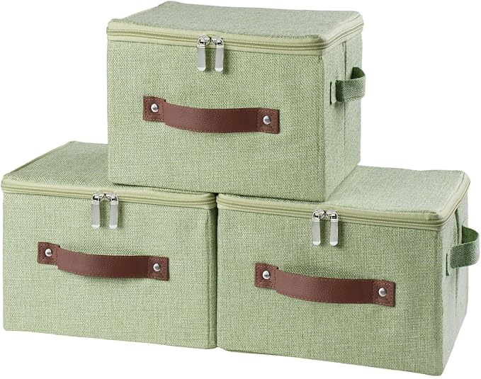 Storage Bins with Zipper Lid Decorative Lidded Storage Boxes | Collapsible Cotton Linen Fabric Storage Baskets, PU Leather Handle, Stackable Shelves Closet Organizer(Green, Small)