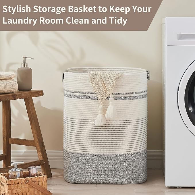 AINUOQI Laundry Basket with Handles - Blanket Basket & Hampers for Bedroom Aesthetic, Laundry Hamper & Blanket Storage for Living Room, Clothes Hamper, Tall, Large 17" x 14" x 22”, Grey & White