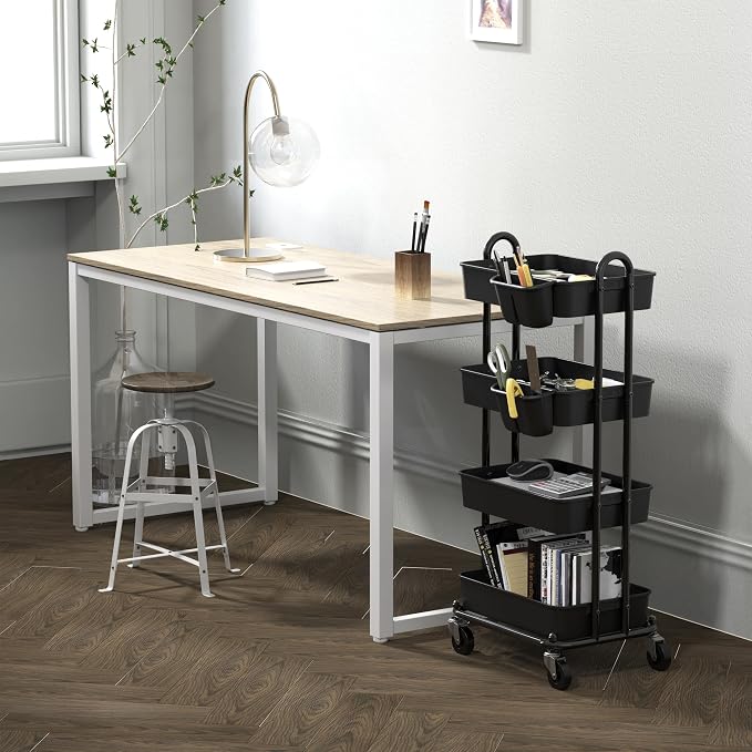 Simple Houseware 4-Tier Rolling Utility Cart with Hanging Bucket, Black | Storage for Bathroom, Kitchen, Office, Study Room, Nursery Diaper