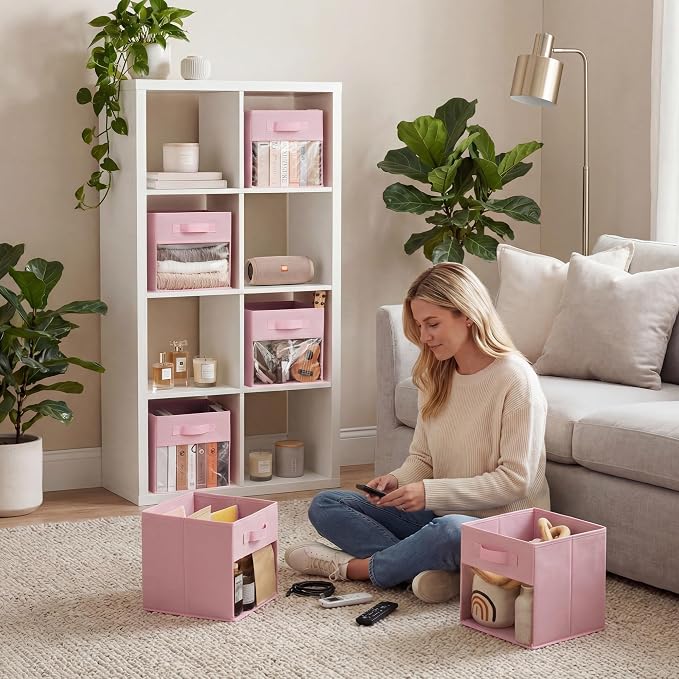 GRANNY SAYS 11 Inch Cube Storage Bins with Clear Window, Pink, 6-Pack | Collapsible, with Thickened Base Plate, Sturdy Handles, Decorative Baskets for Shelves, Closet, Organizing Toys, Clothes