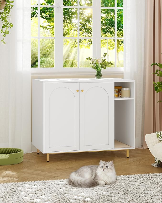 Hzuaneri Large Cat Litter Box Enclosure, Automatic Litter Box Furniture | Wooden Self-Cleaning Cat Cabinet with Storage & Scratch Pad, Modern Cat Washroom, End Table, White and Gold CB87103G