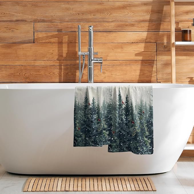 Giwawa Winter Trees Hand Towel Set of 2, Christmas Birch Pine Tree Red Birds Towel, Rustic Watercolor Misty Forest Face Towel Quick Dry Dish Wash Cloth for Hotel Bathroom Gym Home Spa Decor