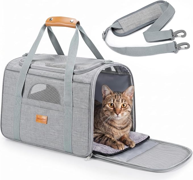 Morpilot Airline Approved Cat Carrier for Pets up to 15lbs,16.5" x11" x11" | Soft-Sided Pet Travel Carrier with 4-Sided Mesh Ventilation for Cats & Puppies (Light Gray)