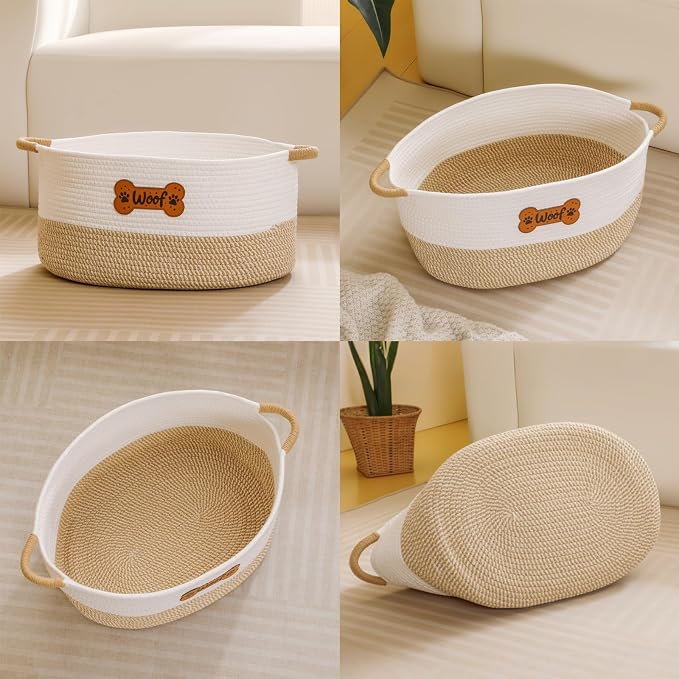 Large Dog Toy Basket Box Bin, Woven Storage Baskets for Dog Cat, Cotton Rope Toys Storage Basket for Dogs Cats Bed Toys Accessories Organizer With Handles for All Pets-Puppies to Large