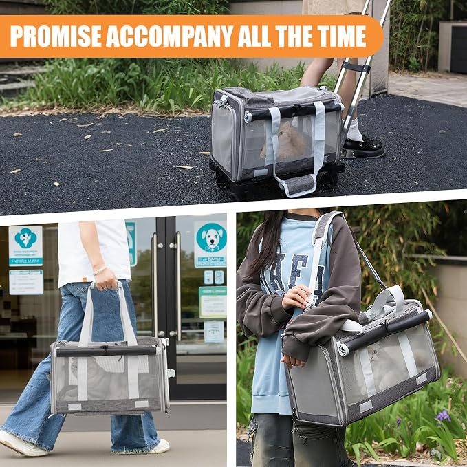 Pet Carrier with Wheels - Soft-Side Wheeled Cat Carrier for Dogs with Telescopic Handle, Collapsible Rolling Pet Travel Bag Carrier for Large Cats Small Medium Dogs for Camping Vet Visiting Grey