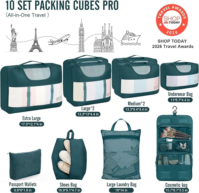 Veken 10 Set Packing Cubes for Travel Essentials, Suitcase Organizer Bags in 4 Sizes, Carry-On Luggage Accessories with Laundry Bag, Airplane Must Have with 99-Count Mesh Holes