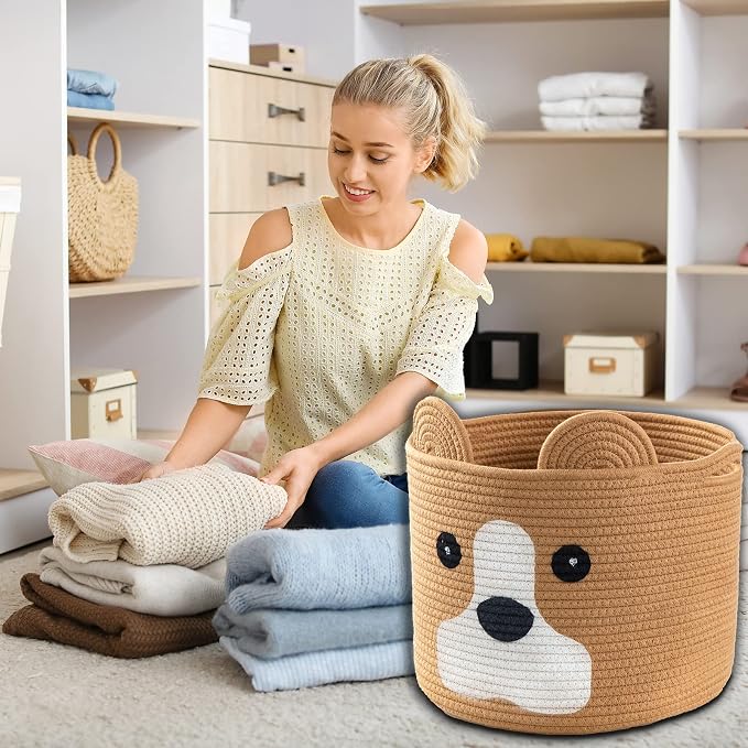 Medium Dog Woven Baskets with Handle, Dog Toy Hamper, Cotton Rope Dog Toy Storage Baskets for Pet, Animal Basket for Kids, Baby Gift Baskets for Dog Lovers, Khaki